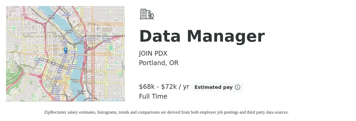 JOIN PDX job posting for a Data Manager in Portland, OR with a salary of $68,500 to $72,000 Yearly with a map of Portland location.