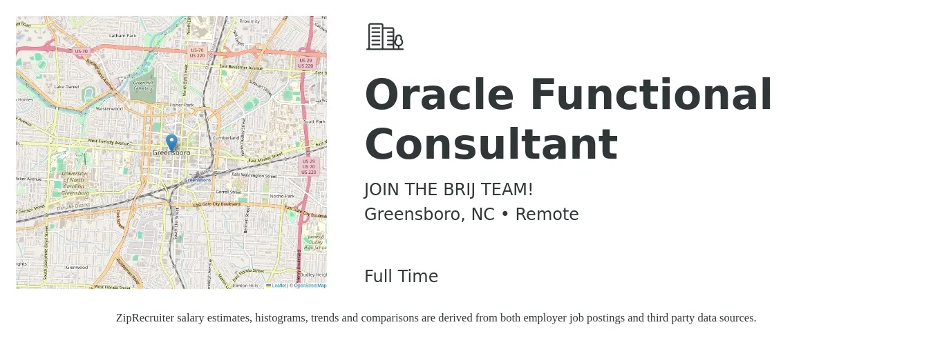 JOIN THE BRIJ TEAM! job posting for a Oracle Functional Consultant in Greensboro, NC with a salary of $62 to $78 Hourly with a map of Greensboro location.