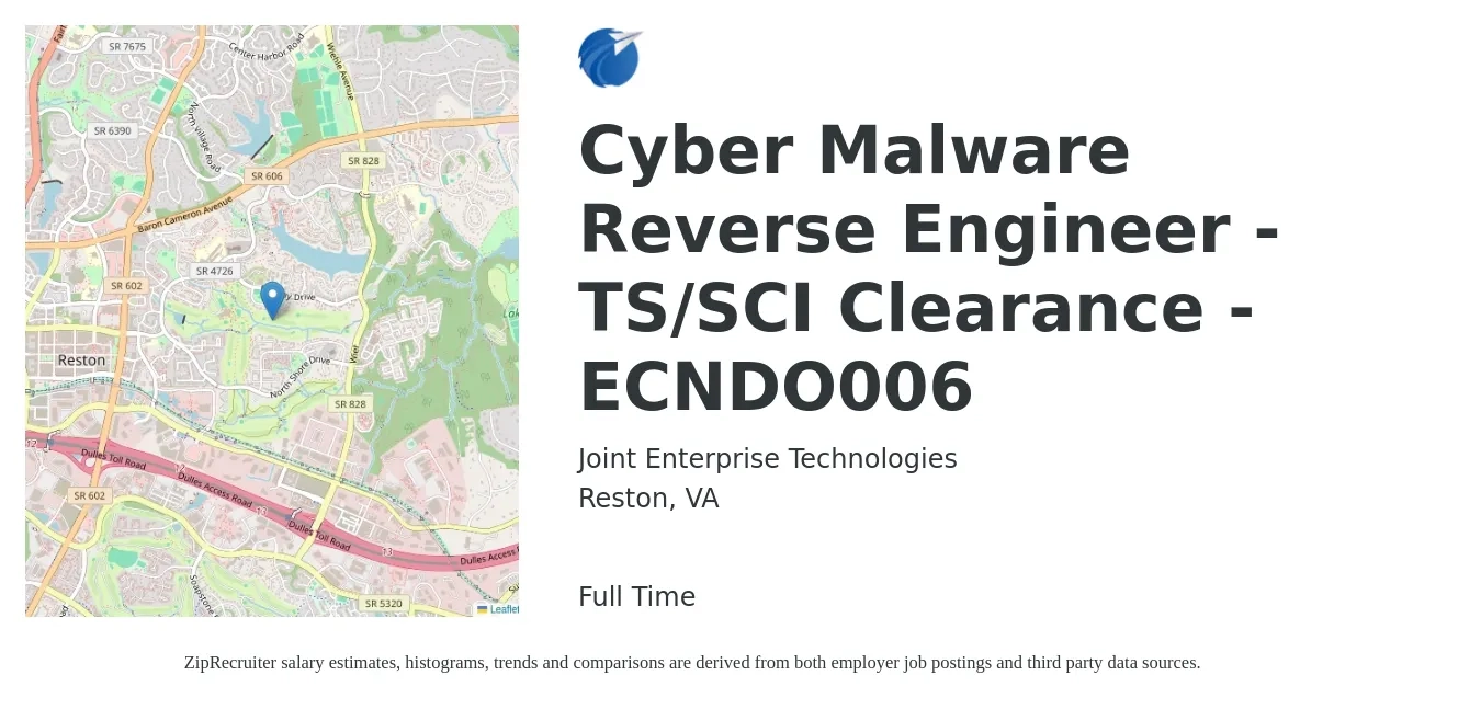 Joint Enterprise Technologies job posting for a Cyber Malware Reverse Engineer - TS/SCI Clearance - ECNDO006 in Reston, VA with a map of Reston location.