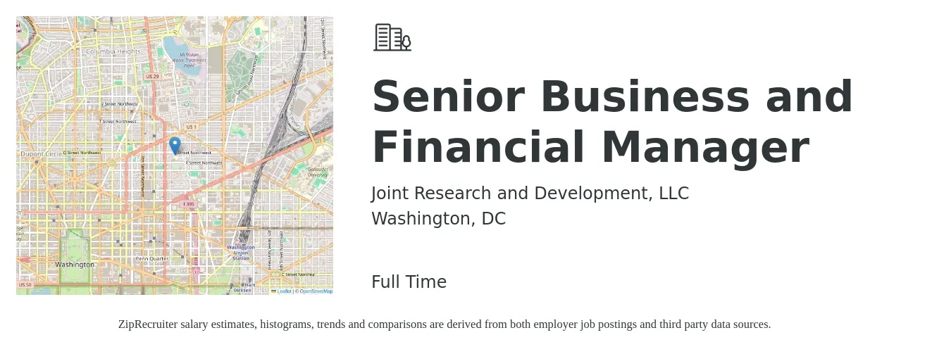 Joint Research and Development, LLC job posting for a Senior Business and Financial Manager in Washington, DC with a salary of $91,100 to $113,500 Yearly with a map of Washington location.