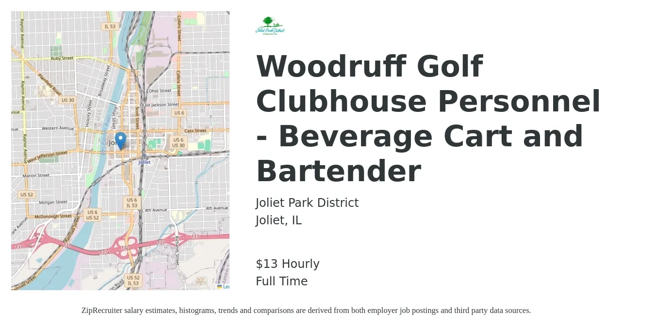 Joliet Park District job posting for a Woodruff Golf Clubhouse Personnel - Beverage Cart and Bartender in Joliet, IL with a salary of $14 Hourly with a map of Joliet location.