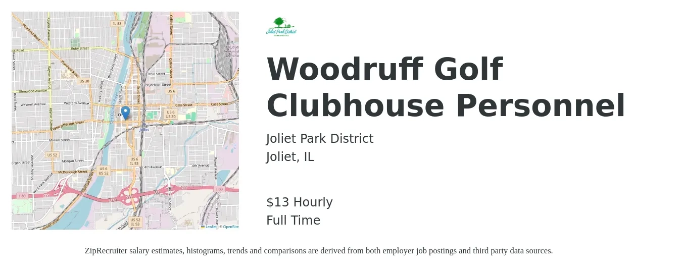 Joliet Park District job posting for a Woodruff Golf Clubhouse Personnel in Joliet, IL with a salary of $14 Hourly with a map of Joliet location.
