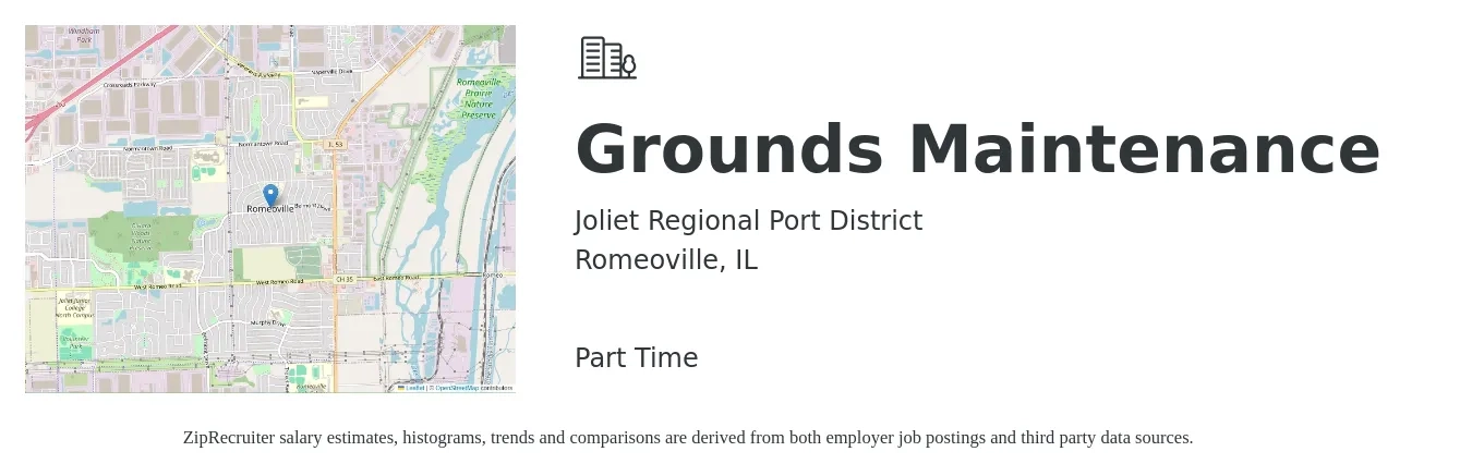 Joliet Regional Port District job posting for a Grounds Maintenance in Romeoville, IL with a salary of $15 to $20 Hourly with a map of Romeoville location.