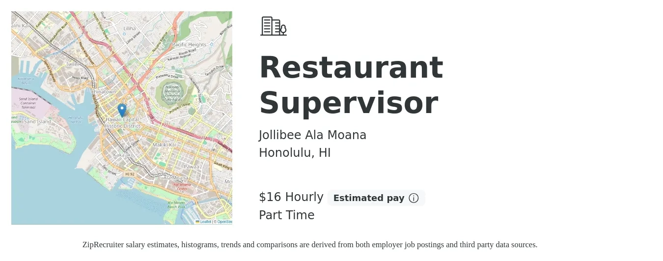 Jollibee Ala Moana (HI) job posting for a Restaurant Supervisor in Honolulu, HI with a salary of $17 Hourly with a map of Honolulu location.