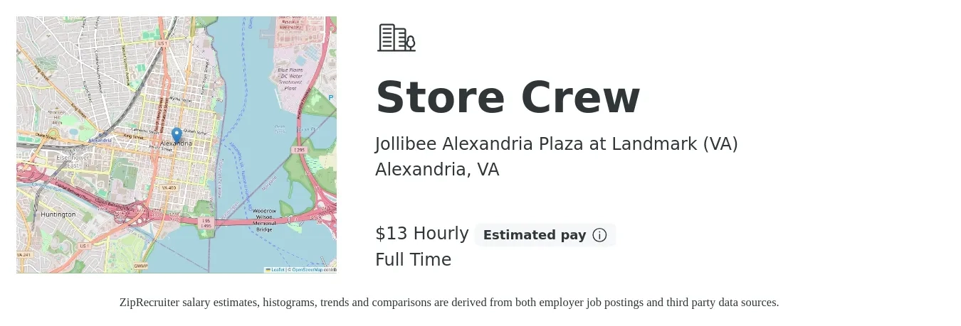 Jollibee Alexandria Plaza at Landmark (VA) job posting for a Store Crew in Alexandria, VA with a salary of $14 Hourly with a map of Alexandria location.