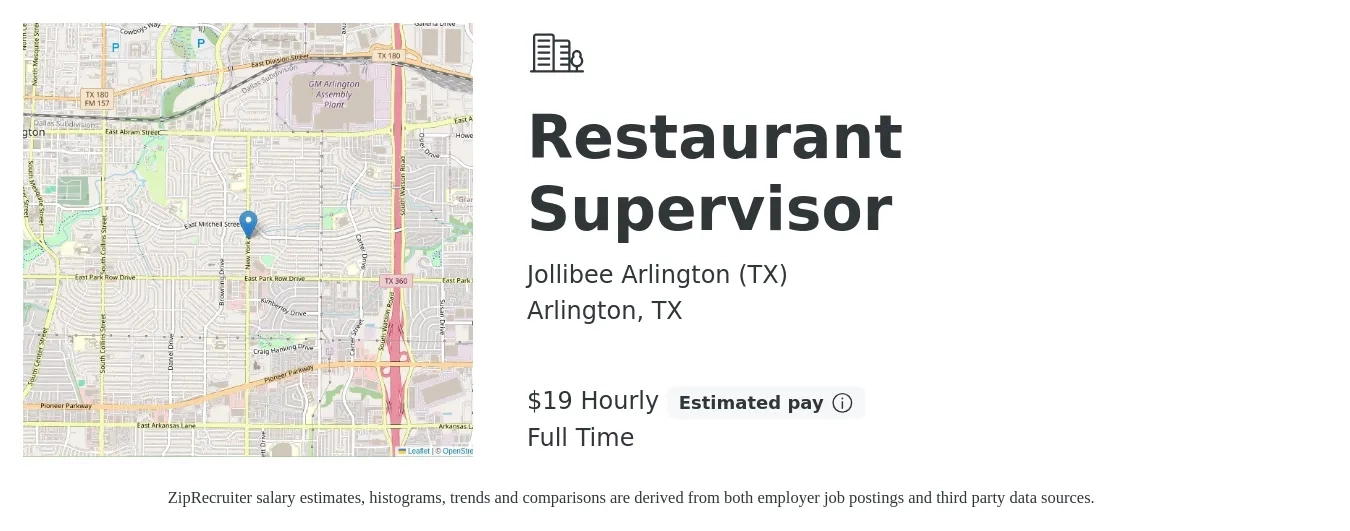 Jollibee Arlington (TX) job posting for a Restaurant Supervisor in Arlington, TX with a salary of $14 Hourly with a map of Arlington location.
