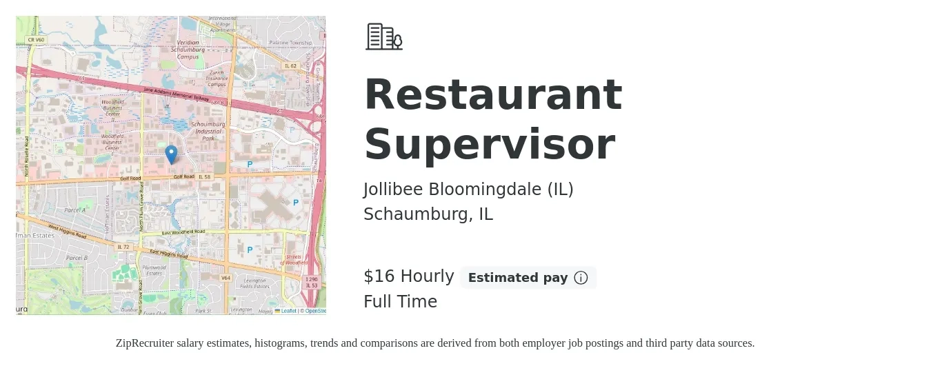 Jollibee Bloomingdale (IL) job posting for a Restaurant Supervisor in Schaumburg, IL with a salary of $17 Hourly with a map of Schaumburg location.