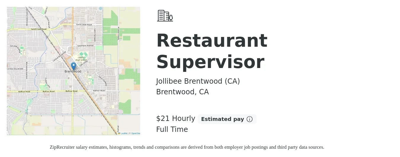 Jollibee Brentwood (CA) job posting for a Restaurant Supervisor in Brentwood, CA with a salary of $22 Hourly with a map of Brentwood location.