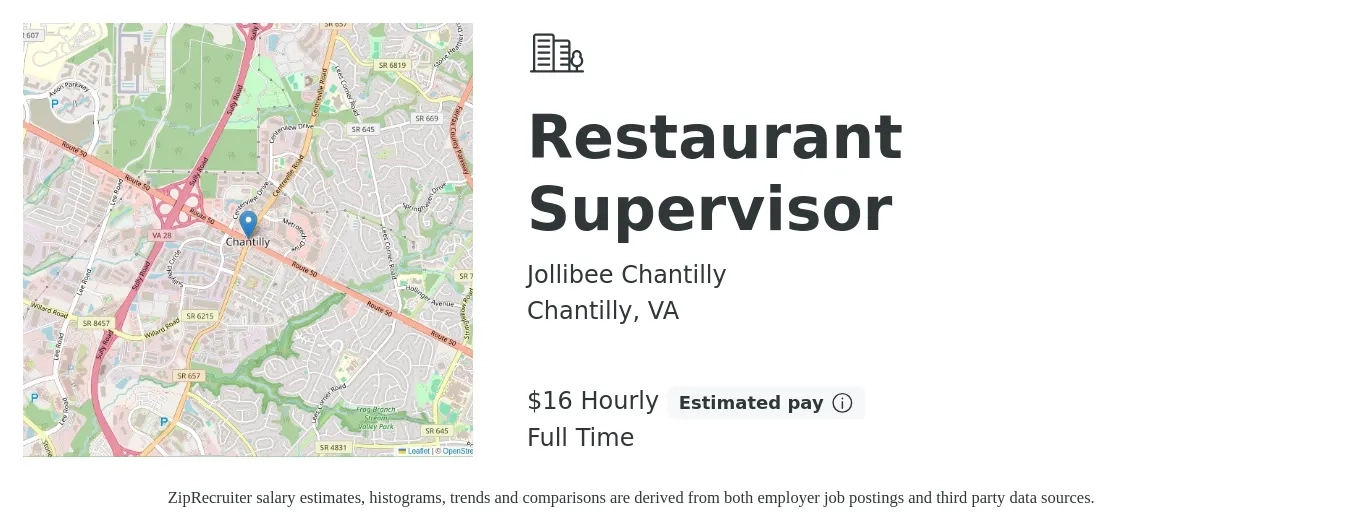 Jollibee Chantilly (VA) job posting for a Restaurant Supervisor in Chantilly, VA with a salary of $17 Hourly with a map of Chantilly location.