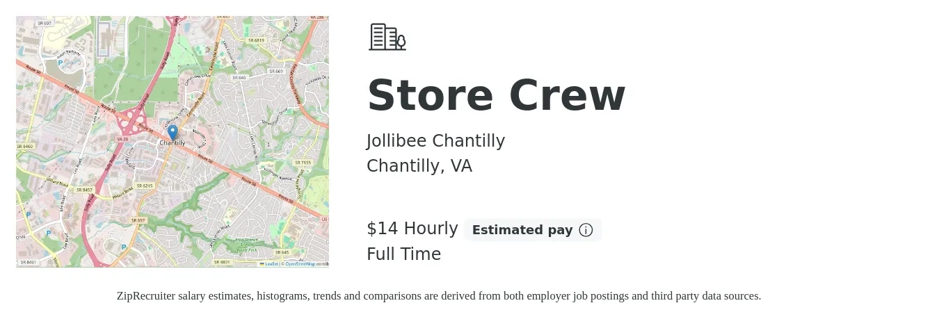 Jollibee Chantilly (VA) job posting for a Store Crew in Chantilly, VA with a salary of $15 Hourly with a map of Chantilly location.