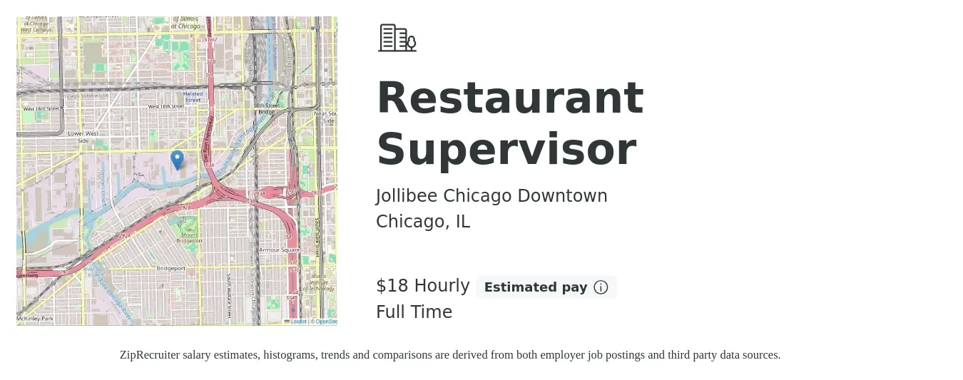 Jollibee Chicago Downtown (IL) job posting for a Restaurant Supervisor in Chicago, IL with a salary of $19 Hourly with a map of Chicago location.