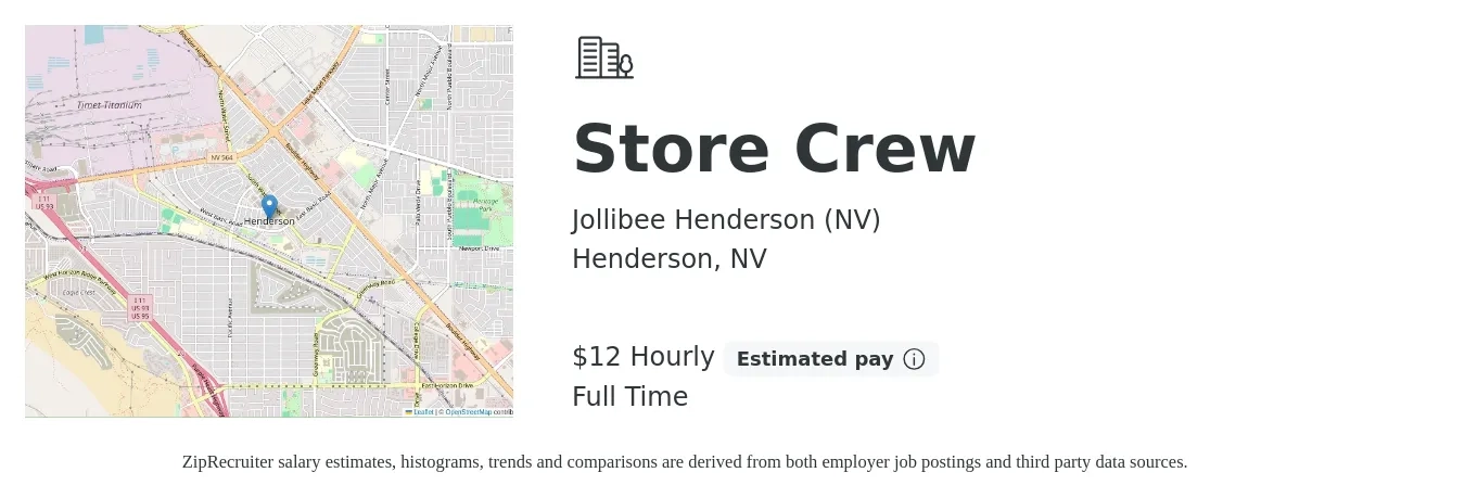 Jollibee Henderson (NV) job posting for a Store Crew in Henderson, NV with a salary of $14 Hourly with a map of Henderson location.