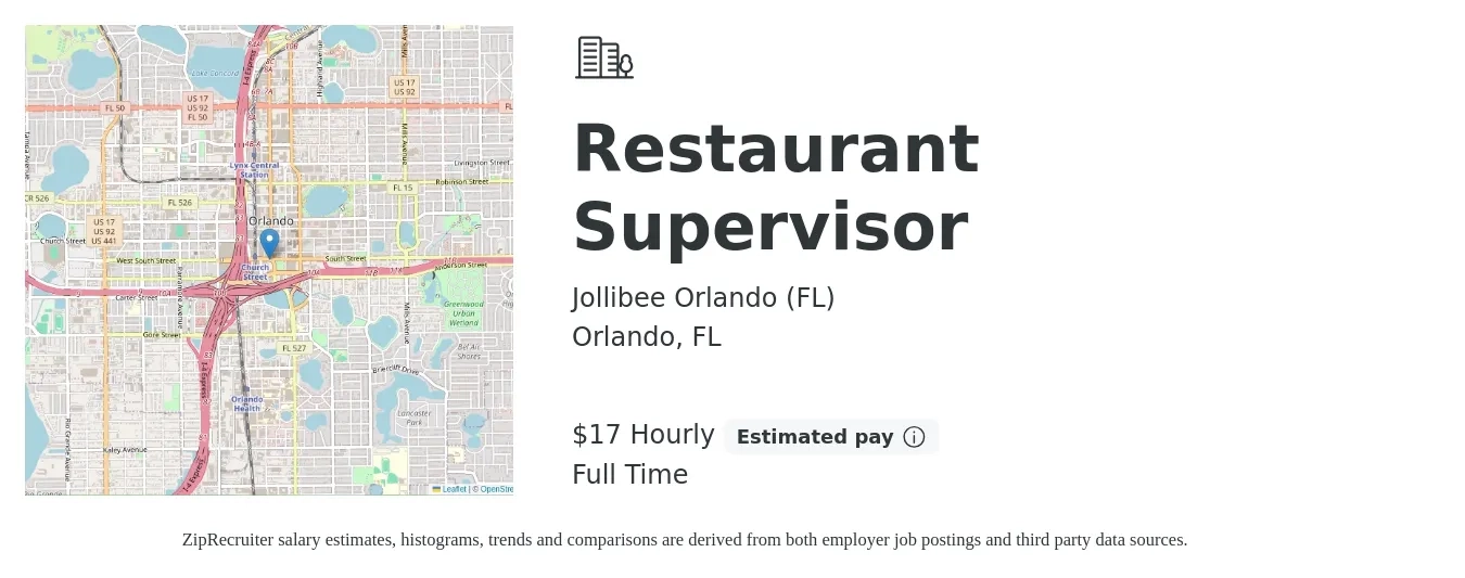Jollibee Orlando (FL) job posting for a Restaurant Supervisor in Orlando, FL with a salary of $18 Hourly with a map of Orlando location.