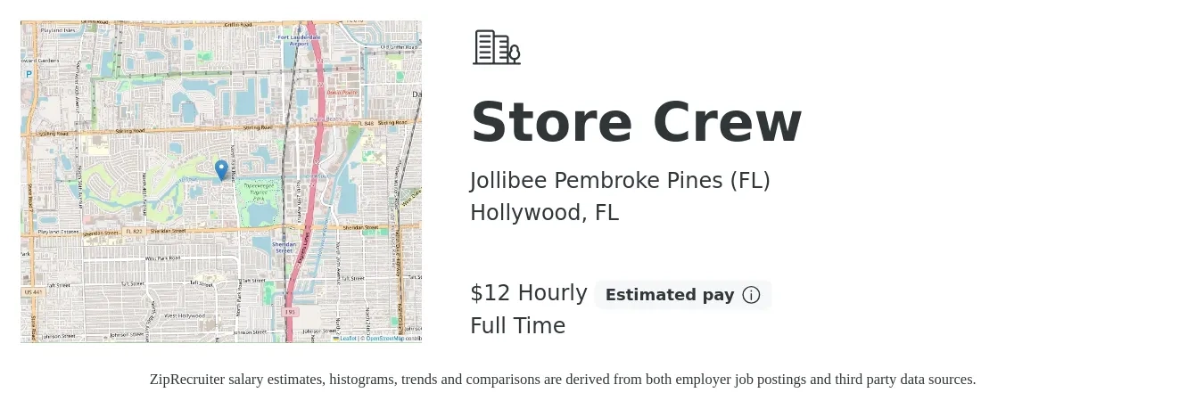Jollibee Pembroke Pines (FL) job posting for a Store Crew in Hollywood, FL with a salary of $13 Hourly with a map of Hollywood location.