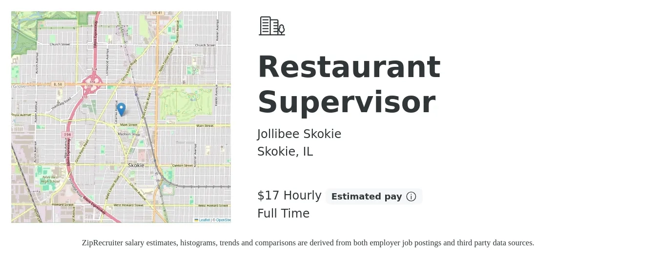 Jollibee Skokie (IL) job posting for a Restaurant Supervisor in Skokie, IL with a salary of $18 Hourly with a map of Skokie location.