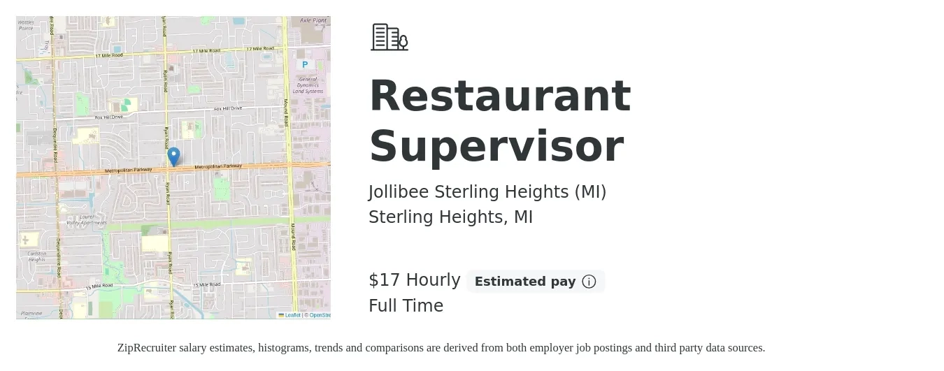 Jollibee Sterling Heights (MI) job posting for a Restaurant Supervisor in Sterling Heights, MI with a salary of $18 Hourly with a map of Sterling Heights location.