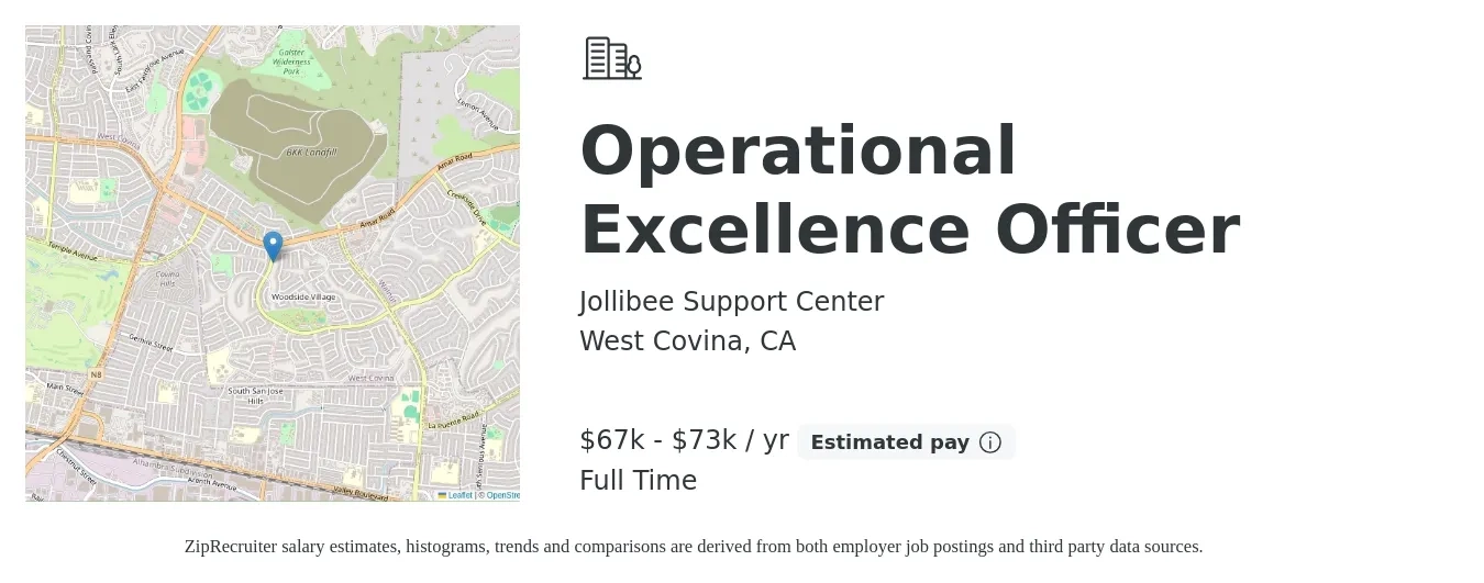 Jollibee Support Center job posting for a Operational Excellence Officer in West Covina, CA with a salary of $67,702 to $73,000 Yearly with a map of West Covina location.