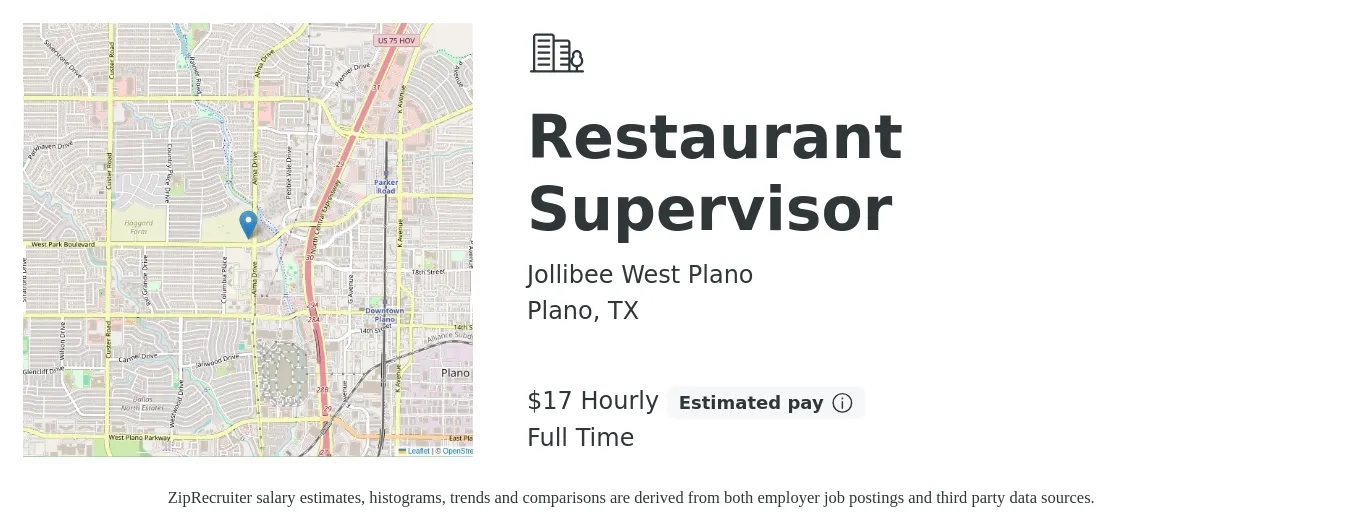 Jollibee West Plano (TX) job posting for a Restaurant Supervisor in Plano, TX with a salary of $18 Hourly with a map of Plano location.