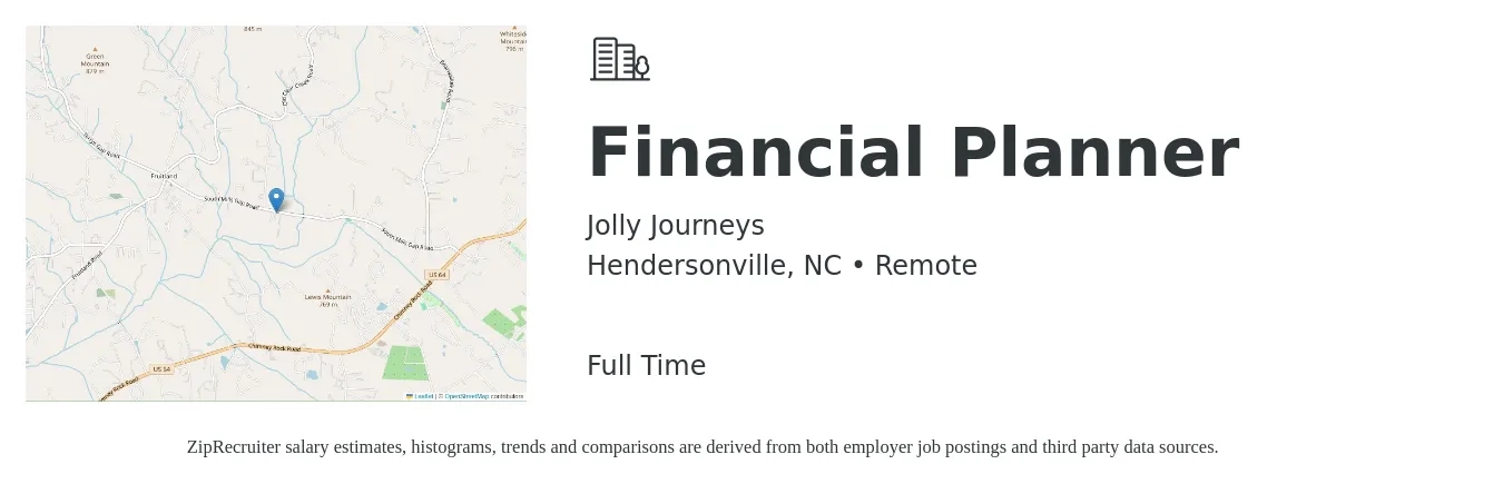 Jolly Journeys job posting for a Financial Planner in Hendersonville, NC with a salary of $69,700 to $93,500 Yearly with a map of Hendersonville location.