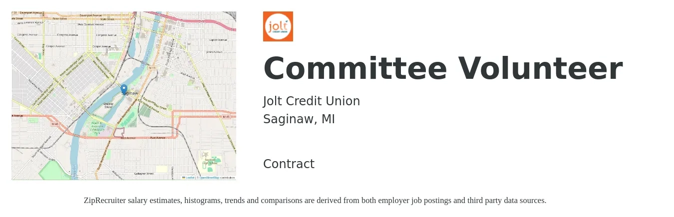 Jolt Credit Union job posting for a Committee Volunteer in Saginaw, MI with a salary of $13 to $18 Hourly with a map of Saginaw location.