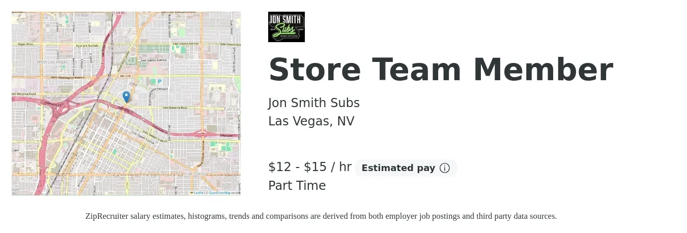 Jon Smith Subs job posting for a Store Team Member in Las Vegas, NV with a salary of $13 to $16 Hourly with a map of Las Vegas location.