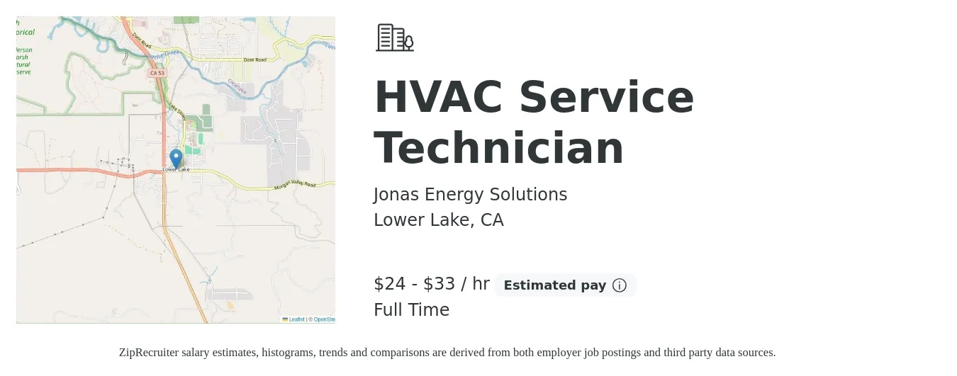 Jonas Energy Solutions job posting for a HVAC Service Technician in Lower Lake, CA with a salary of $25 to $35 Hourly with a map of Lower Lake location.