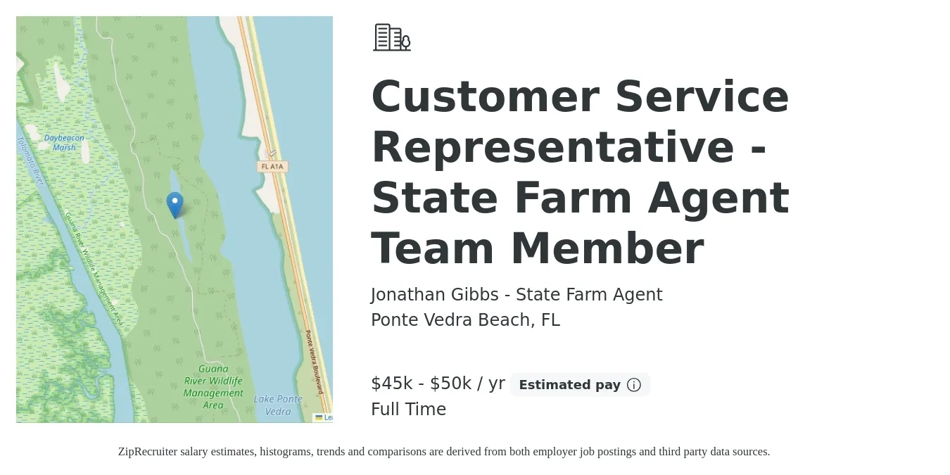 Jonathan Gibbs - State Farm Agent job posting for a Customer Service Representative - State Farm Agent Team Member in Ponte Vedra Beach, FL with a salary of $45,000 to $50,000 Yearly with a map of Ponte Vedra Beach location.