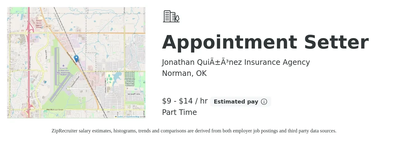 Jonathan Quiñónez Insurance Agency job posting for a Appointment Setter in Norman, OK with a salary of $10 to $15 Hourly with a map of Norman location.