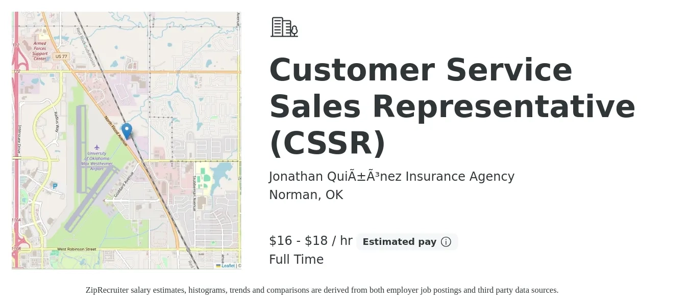 Jonathan Quiñónez Insurance Agency job posting for a Customer Service Sales Representative (CSSR) in Norman, OK with a salary of $17 to $19 Hourly with a map of Norman location.