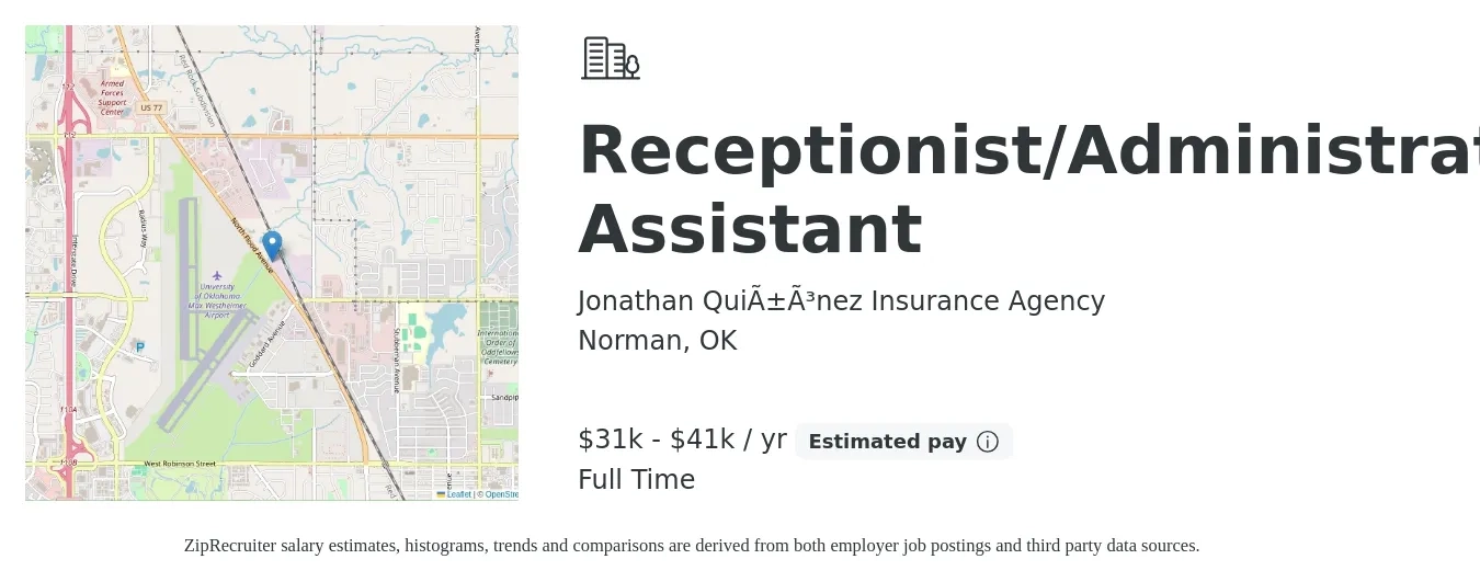 Jonathan Quiñónez Insurance Agency job posting for a Receptionist/Administrative Assistant in Norman, OK with a salary of $31,200 to $41,600 Yearly with a map of Norman location.
