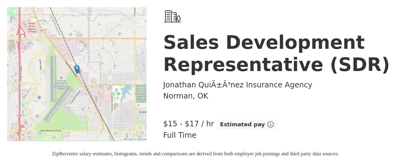 Jonathan Quiñónez Insurance Agency job posting for a Sales Development Representative (SDR) in Norman, OK with a salary of $16 to $18 Hourly with a map of Norman location.