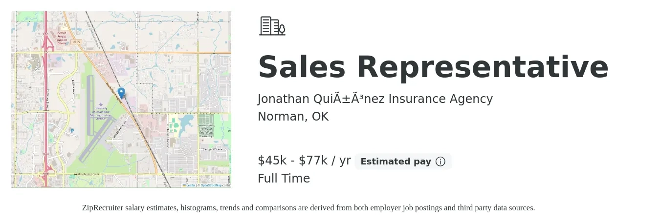 Jonathan Quiñónez Insurance Agency job posting for a Sales Representative in Norman, OK with a salary of $45,760 to $77,000 Yearly with a map of Norman location.
