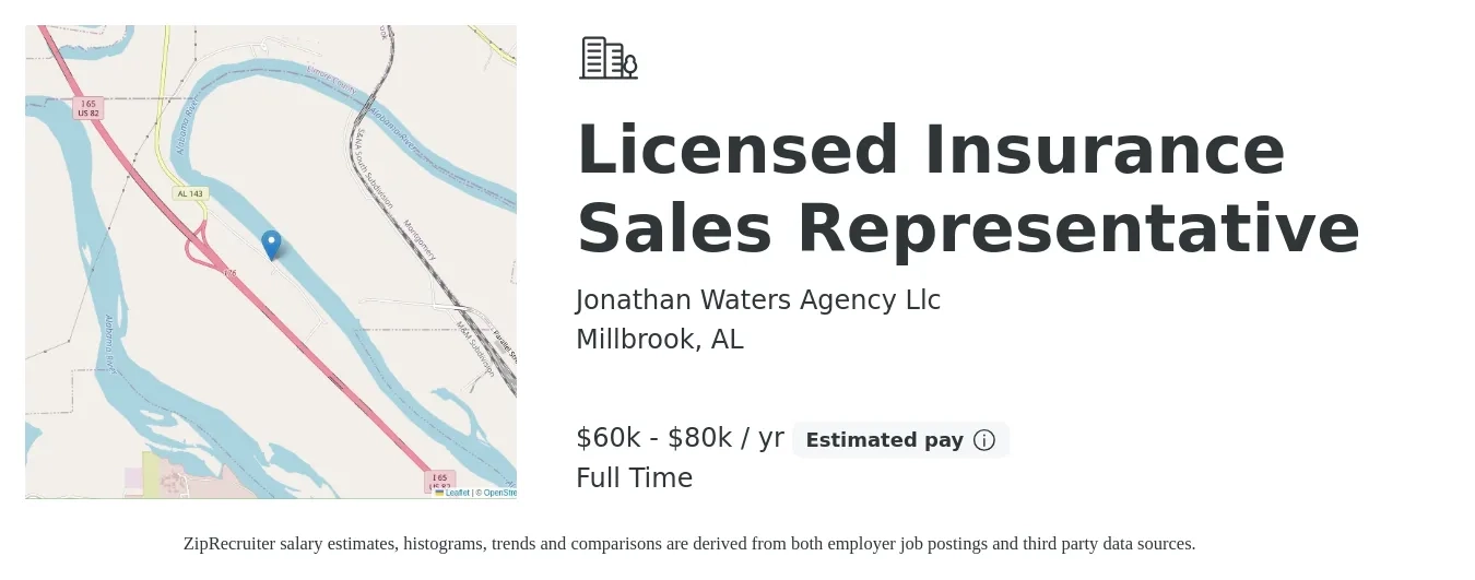 Jonathan Waters Agency Llc job posting for a Licensed Insurance Sales Representative in Millbrook, AL with a salary of $60,000 to $80,000 Yearly with a map of Millbrook location.
