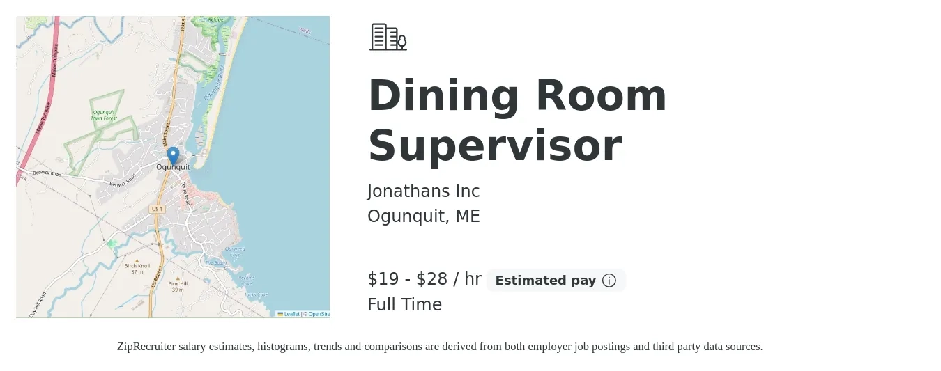 Jonathans Inc job posting for a Dining Room Supervisor in Ogunquit, ME with a salary of $20 to $30 Hourly with a map of Ogunquit location.