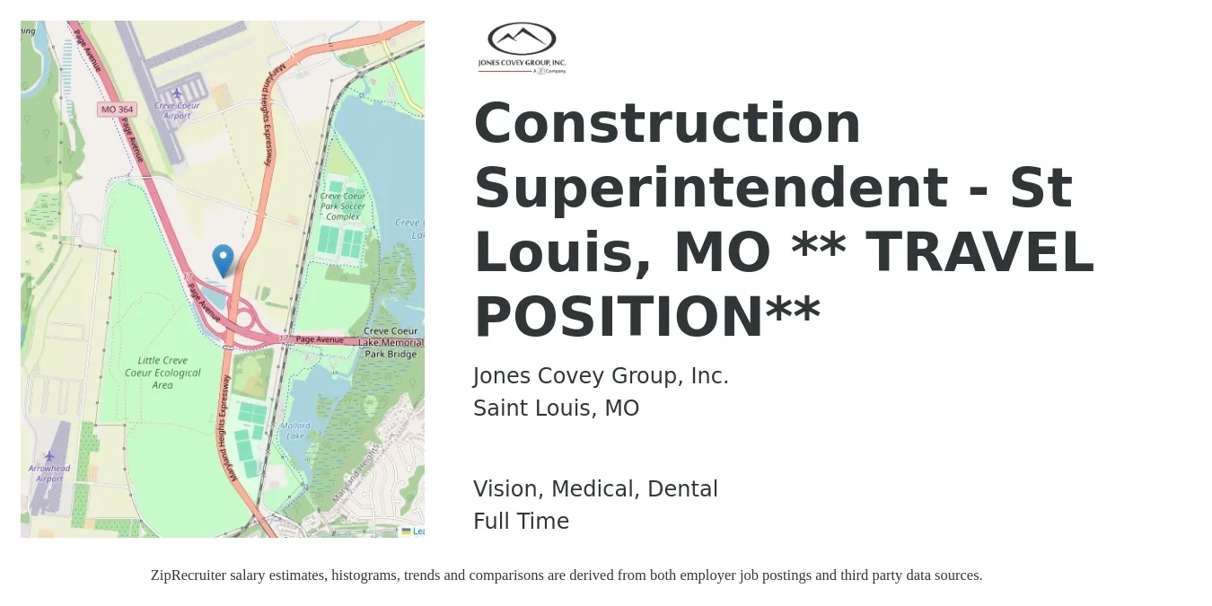 Jones Covey Group, Inc. job posting for a Construction Superintendent - St Louis, MO ** TRAVEL POSITION** in Saint Louis, MO with a salary of $69,000 to $112,300 Yearly and benefits including dental, life_insurance, medical, retirement, and vision with a map of Saint Louis location.