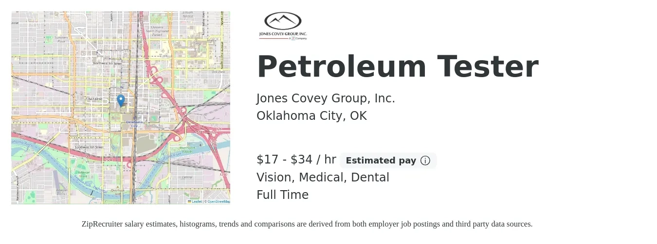 Jones Covey Group, Inc. job posting for a Petroleum Tester in Oklahoma City, OK with a salary of $18 to $36 Hourly and benefits including dental, life_insurance, medical, pto, retirement, and vision with a map of Oklahoma City location.