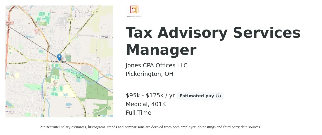 Jones CPA Offices LLC job posting for a Tax Advisory Services Manager in Pickerington, OH with a salary of $95,000 to $125,000 Yearly and benefits including 401k, and medical with a map of Pickerington location.