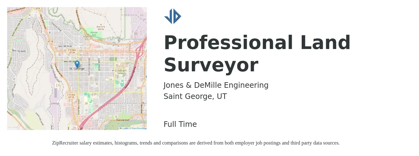 Jones & DeMille Engineering job posting for a Professional Land Surveyor in Saint George, UT with a salary of $46,800 to $81,500 Yearly with a map of Saint George location.