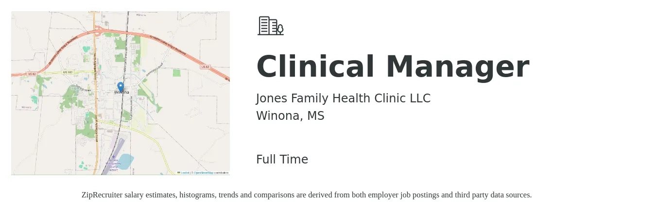 Jones Family Health Clinic LLC job posting for a Clinical Manager in Winona, MS with a salary of $58,900 to $81,400 Yearly with a map of Winona location.