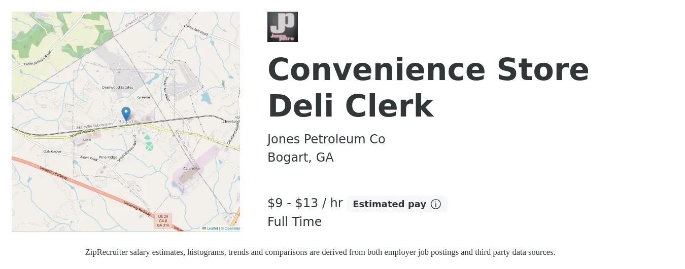 Jones Petroleum Co job posting for a Convenience Store Deli Clerk in Bogart, GA with a salary of $10 to $14 Hourly with a map of Bogart location.