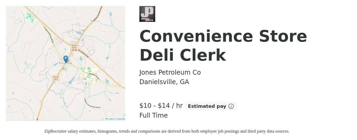 Jones Petroleum Co job posting for a Convenience Store Deli Clerk in Danielsville, GA with a salary of $11 to $15 Hourly with a map of Danielsville location.