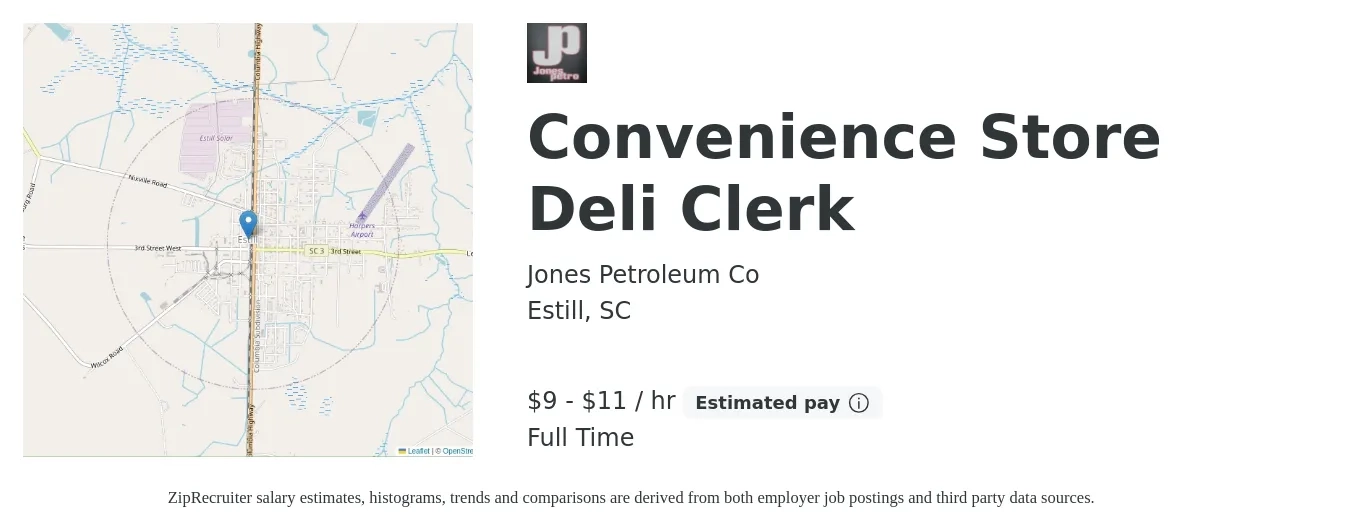 Jones Petroleum Co job posting for a Convenience Store Deli Clerk in Estill, SC with a salary of $10 to $12 Hourly with a map of Estill location.