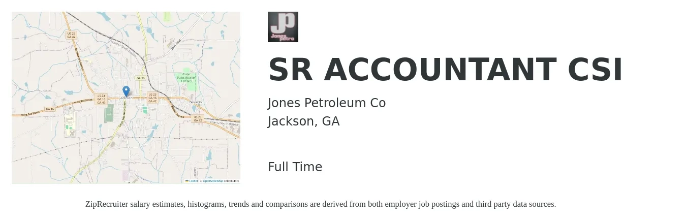 Jones Petroleum Co job posting for a SR ACCOUNTANT CSI in Jackson, GA with a salary of $67,400 to $84,700 Yearly with a map of Jackson location.