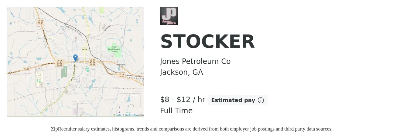 Jones Petroleum Co job posting for a STOCKER in Jackson, GA with a salary of $9 to $13 Hourly with a map of Jackson location.