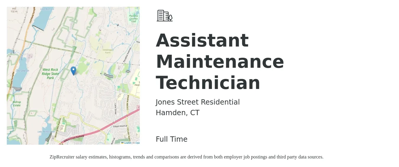 Jones Street Residential job posting for a Assistant Maintenance Technician in Hamden, CT with a salary of $16 to $20 Hourly with a map of Hamden location.