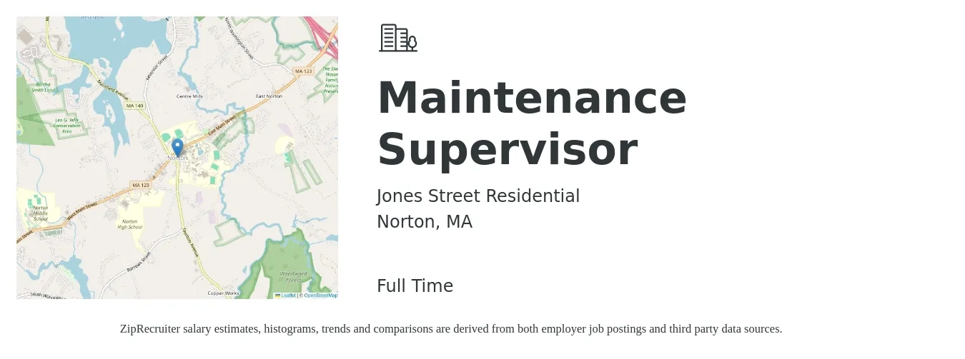 Jones Street Residential job posting for a Maintenance Supervisor in Norton, MA with a salary of $24 to $40 Hourly with a map of Norton location.
