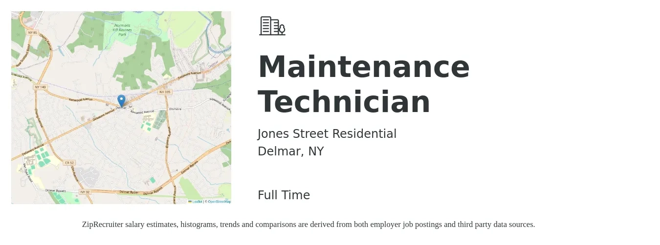 Jones Street Residential job posting for a Maintenance Technician in Delmar, NY with a salary of $19 to $27 Hourly with a map of Delmar location.