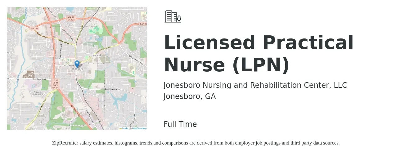 Jonesboro Nursing and Rehabilitation Center, LLC job posting for a Licensed Practical Nurse (LPN) in Jonesboro, GA with a salary of $24 to $33 Hourly with a map of Jonesboro location.