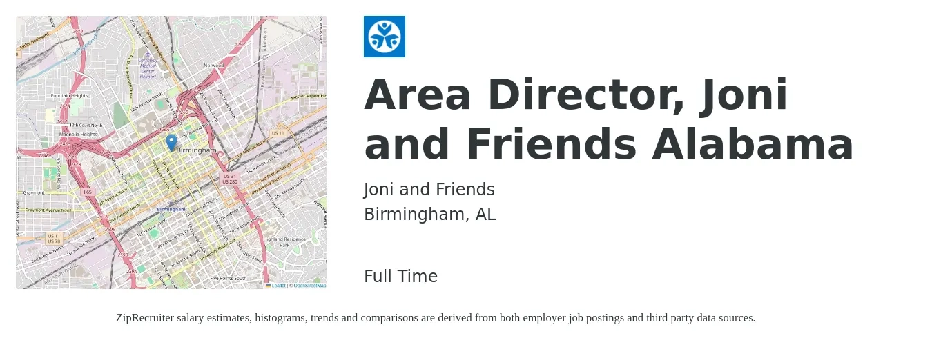 Joni and Friends job posting for a Area Director, Joni and Friends Alabama in Birmingham, AL with a salary of $67,000 to $78,000 Yearly with a map of Birmingham location.