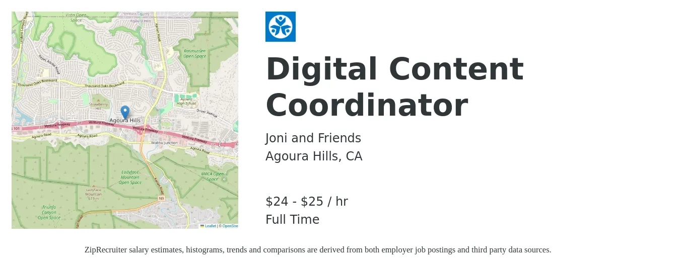 Joni and Friends job posting for a Digital Content Coordinator in Agoura Hills, CA with a salary of $25 to $27 Hourly with a map of Agoura Hills location.